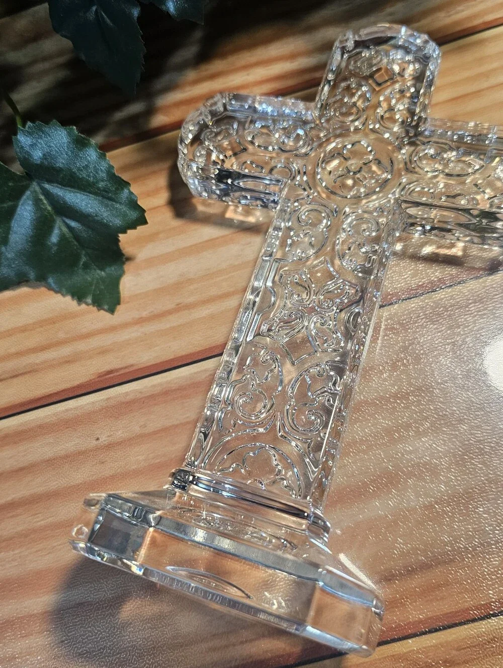 Clear Glass Filigree Cross Figurine Freestanding Religious Decor 8